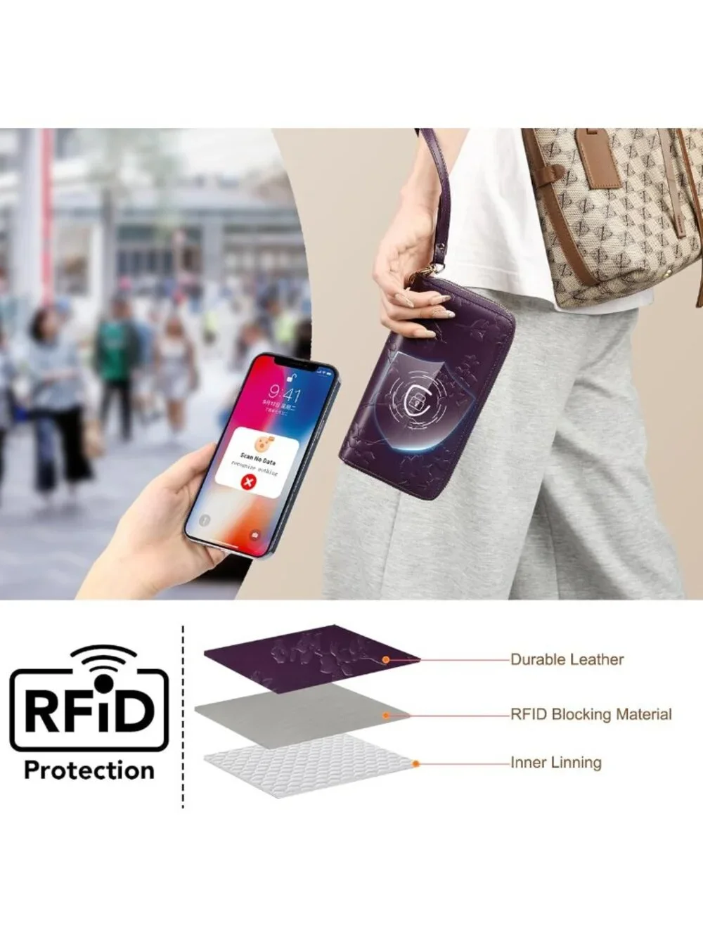 Large Capacity Vegan Leather RFID Blocking Double Zip Wristlet Wallet for Travel